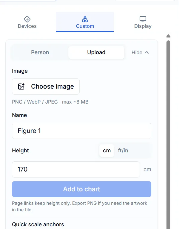 Custom Upload tab with Choose image, Name, and Height
