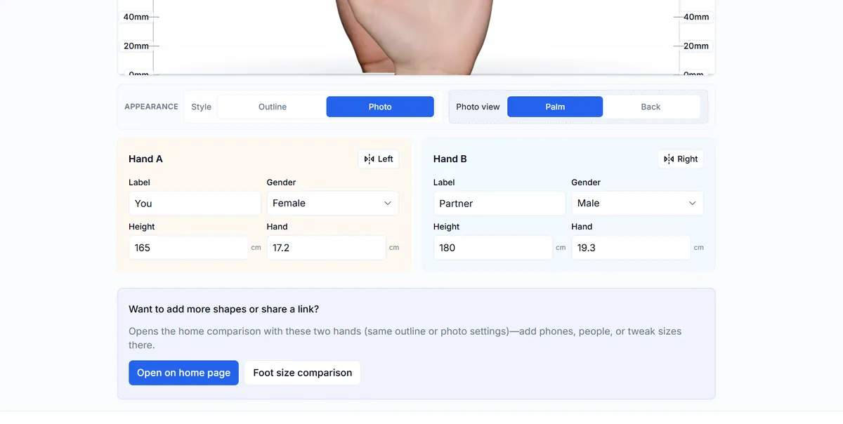 Hand A and Hand B editors with gender, height, and hand length fields