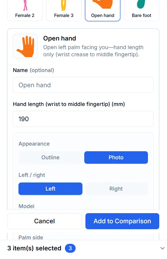 Home Custom panel with Open hand selected, hand length field, and Add to Comparison