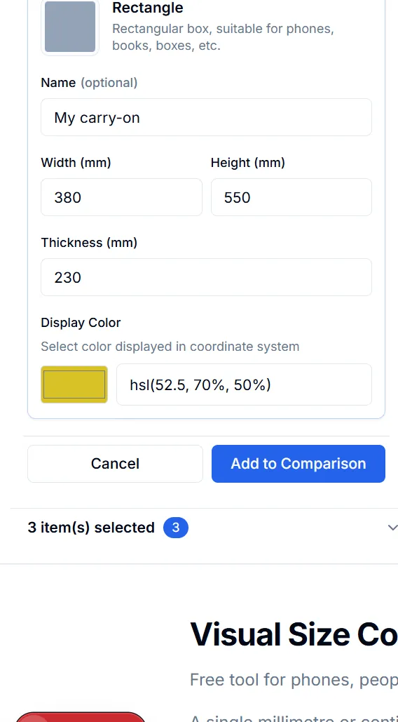 Custom Rectangle form with name and width, height, thickness in millimetres