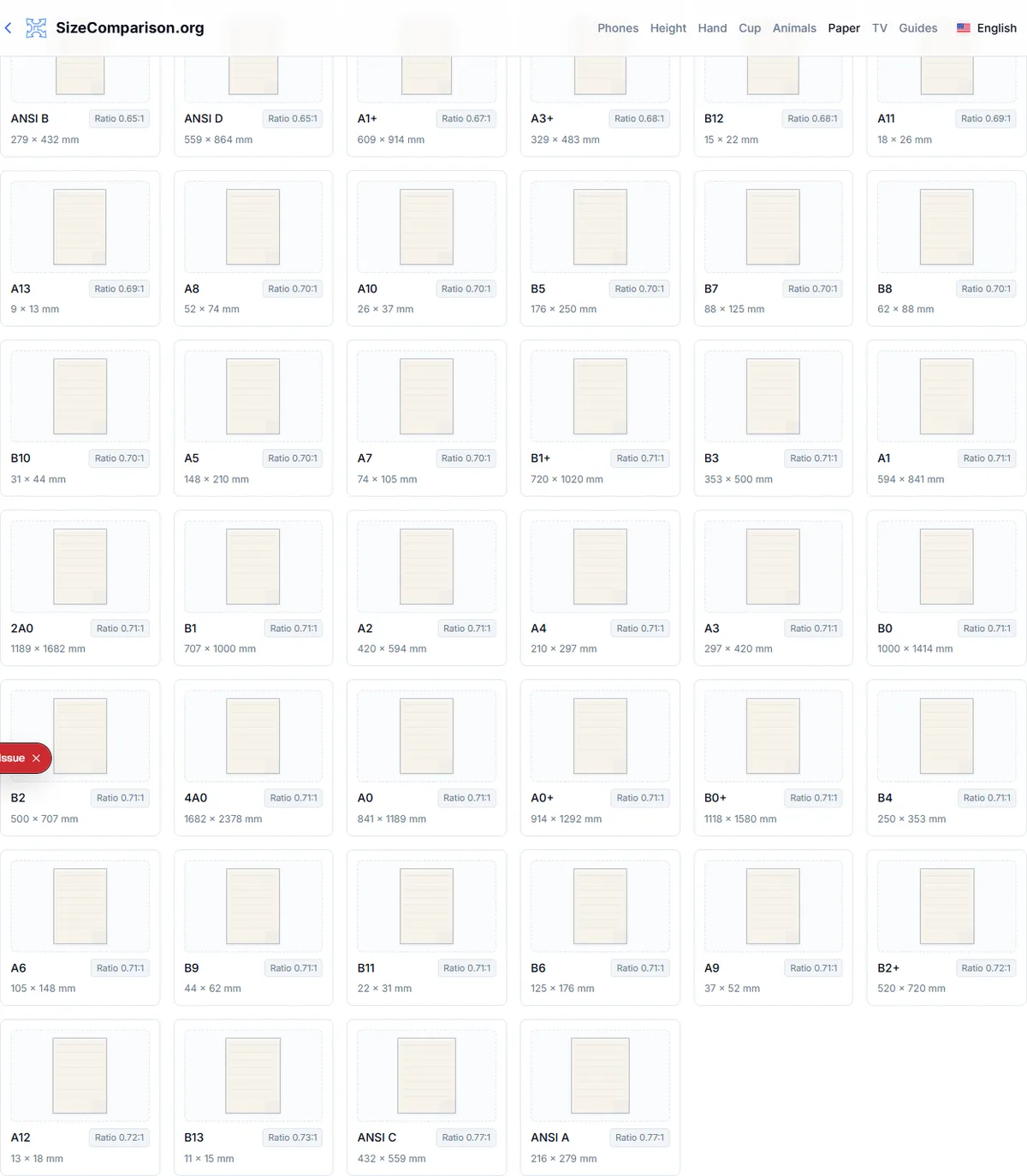 Paper size list showing A-series cards with ratio previews