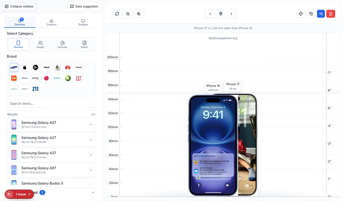 Home tool with Devices tab open and two iPhones on the size chart